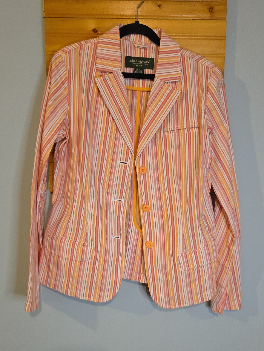 Eddie Bauer Pink Orange Stripe Cotton‎ Blazer Jacket Women's M